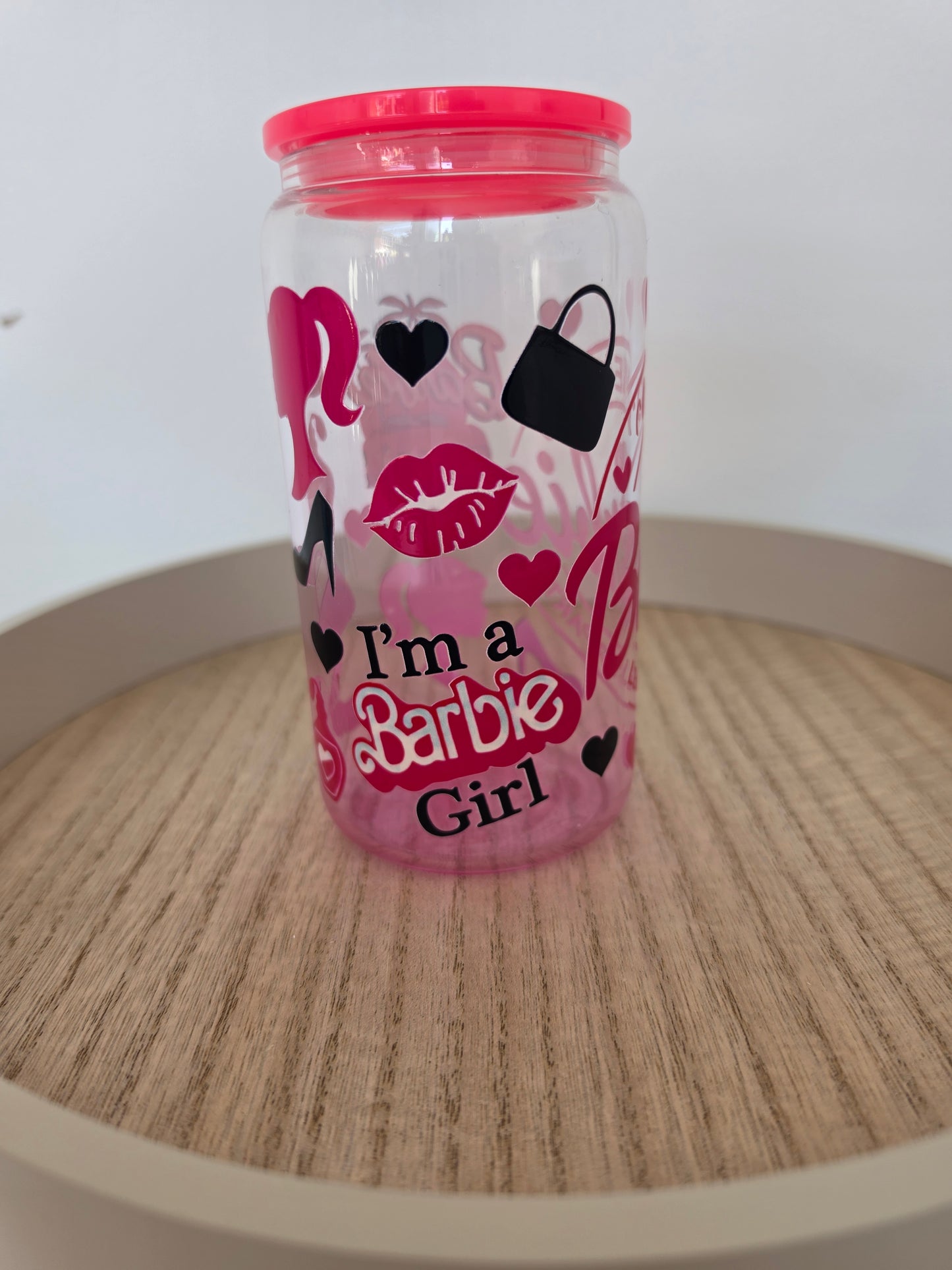 Barbie pink gradient GLASS cup with PLASTIC lid & straw