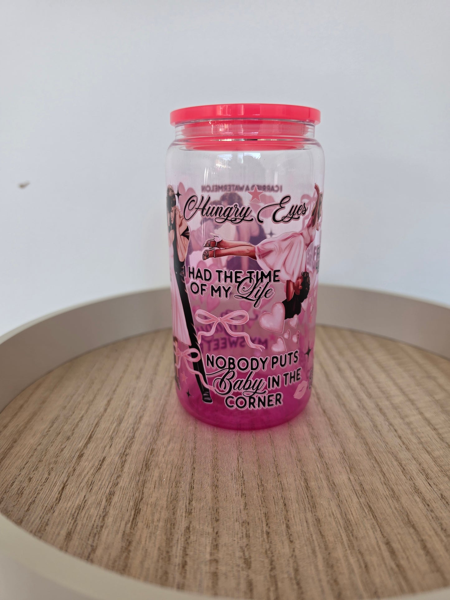 D dancing pink  gradient GLASS cup  with PLASTIC lid & straw