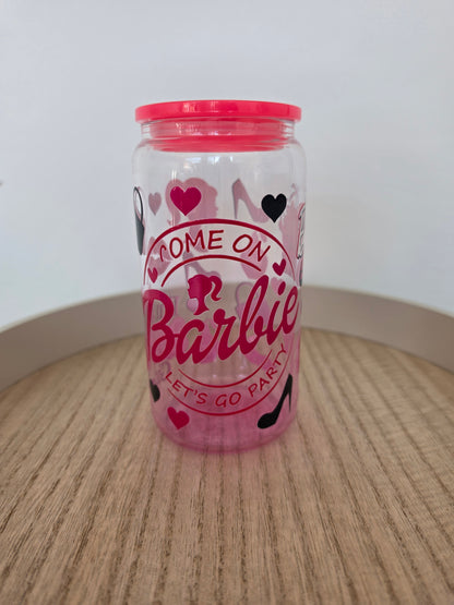 Barbie  pink  gradient GLASS cup  with PLASTIC lid & straw