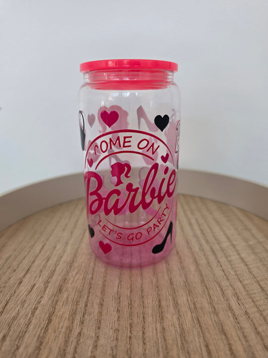 Barbie  pink  gradient GLASS cup  with PLASTIC lid & straw