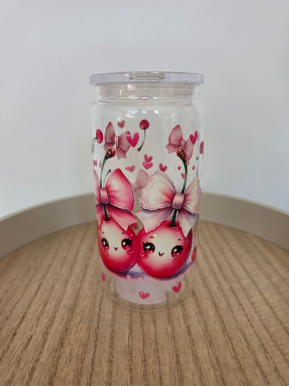 Cherry bow   GLASS cup  with PLASTIC lid & straw