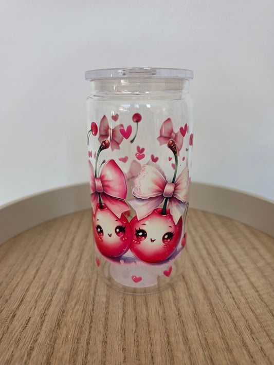 Cherry bow   GLASS cup  with PLASTIC lid & straw