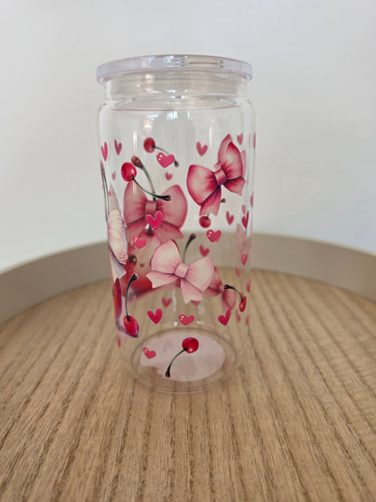 Cherry bow   GLASS cup  with PLASTIC lid & straw