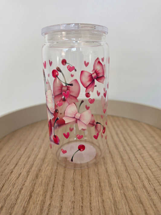 Cherry bow   GLASS cup  with PLASTIC lid & straw
