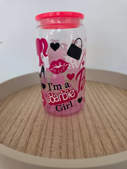 Barbie  pink  gradient GLASS cup  with PLASTIC lid & straw