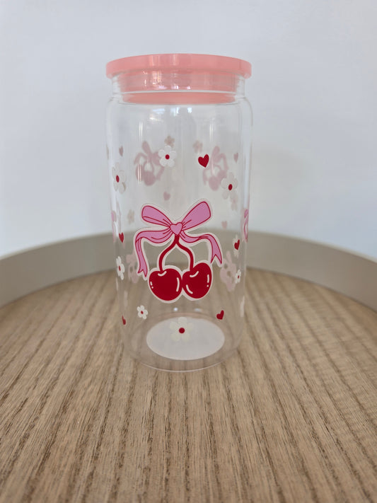 Cherry bow flower  GLASS cup  with PLASTIC lid & straw