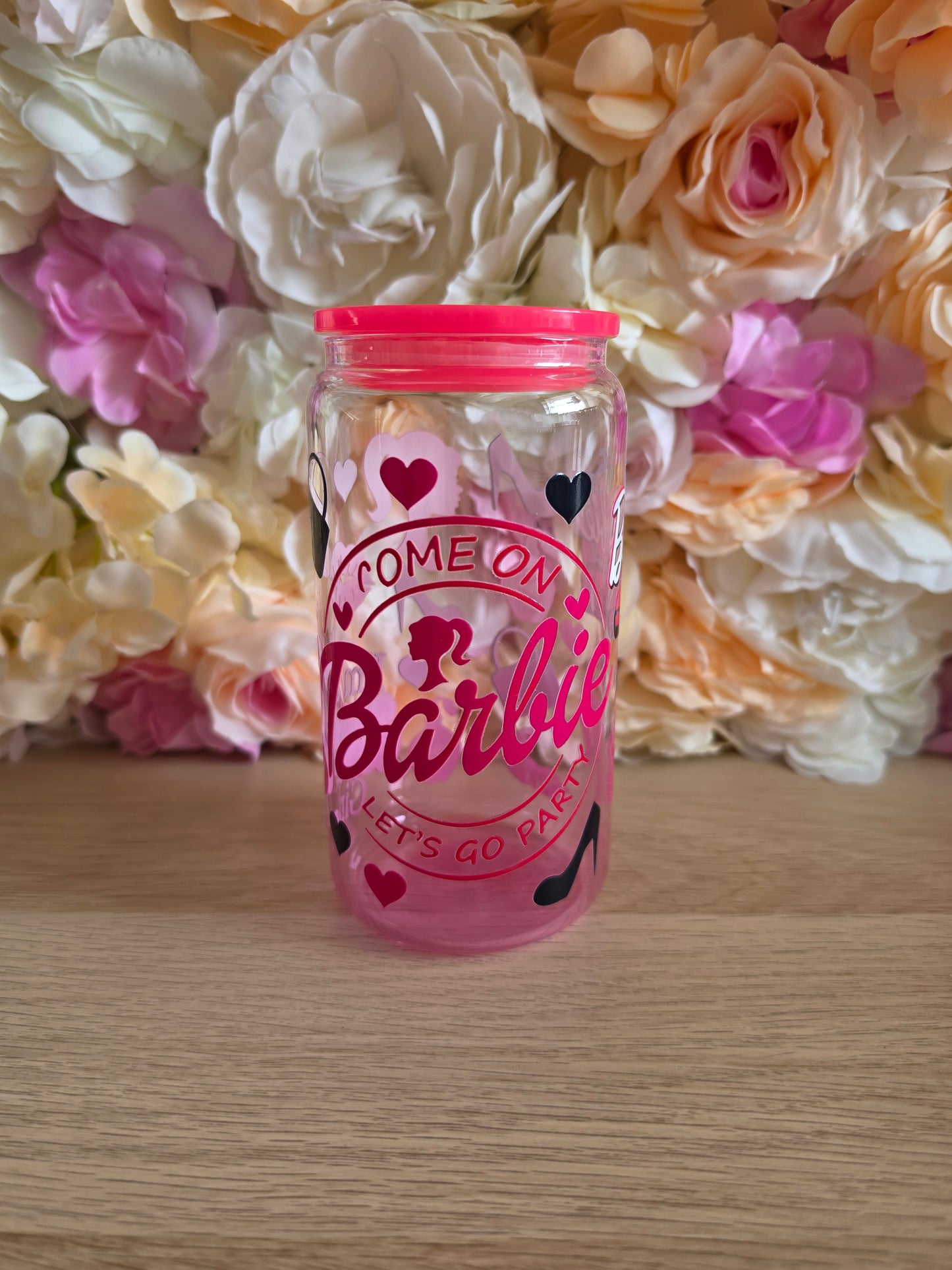 Barbie  pink  gradient GLASS cup  with PLASTIC lid & straw