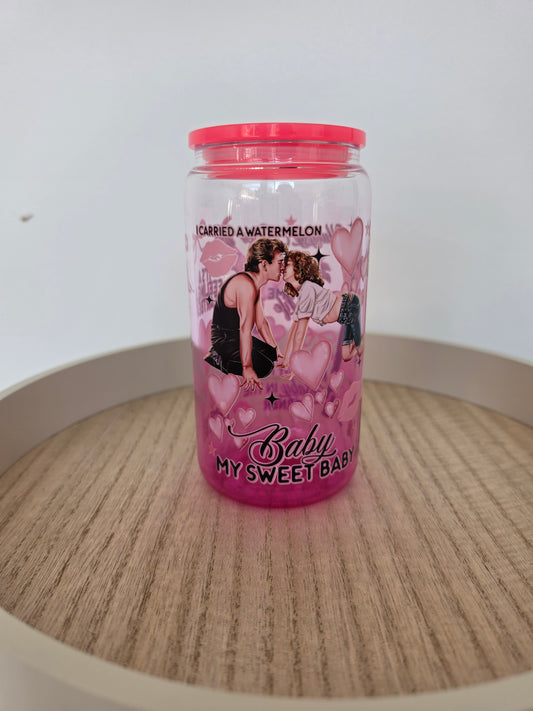 D dancing pink  gradient GLASS cup  with PLASTIC lid & straw