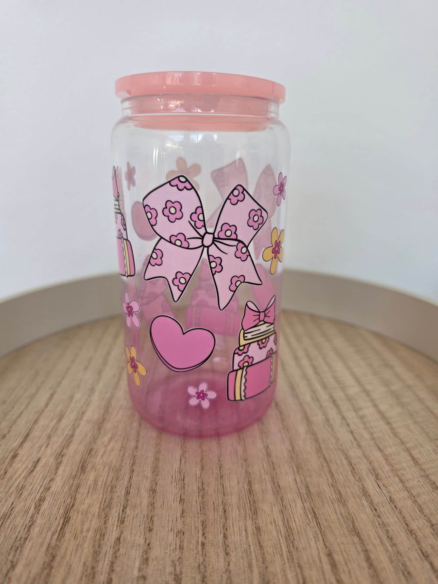 Girly pink  gradient GLASS cup  with PLASTIC lid & straw