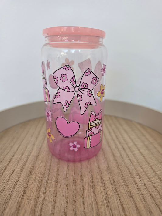 Girly pink  gradient GLASS cup  with PLASTIC lid & straw