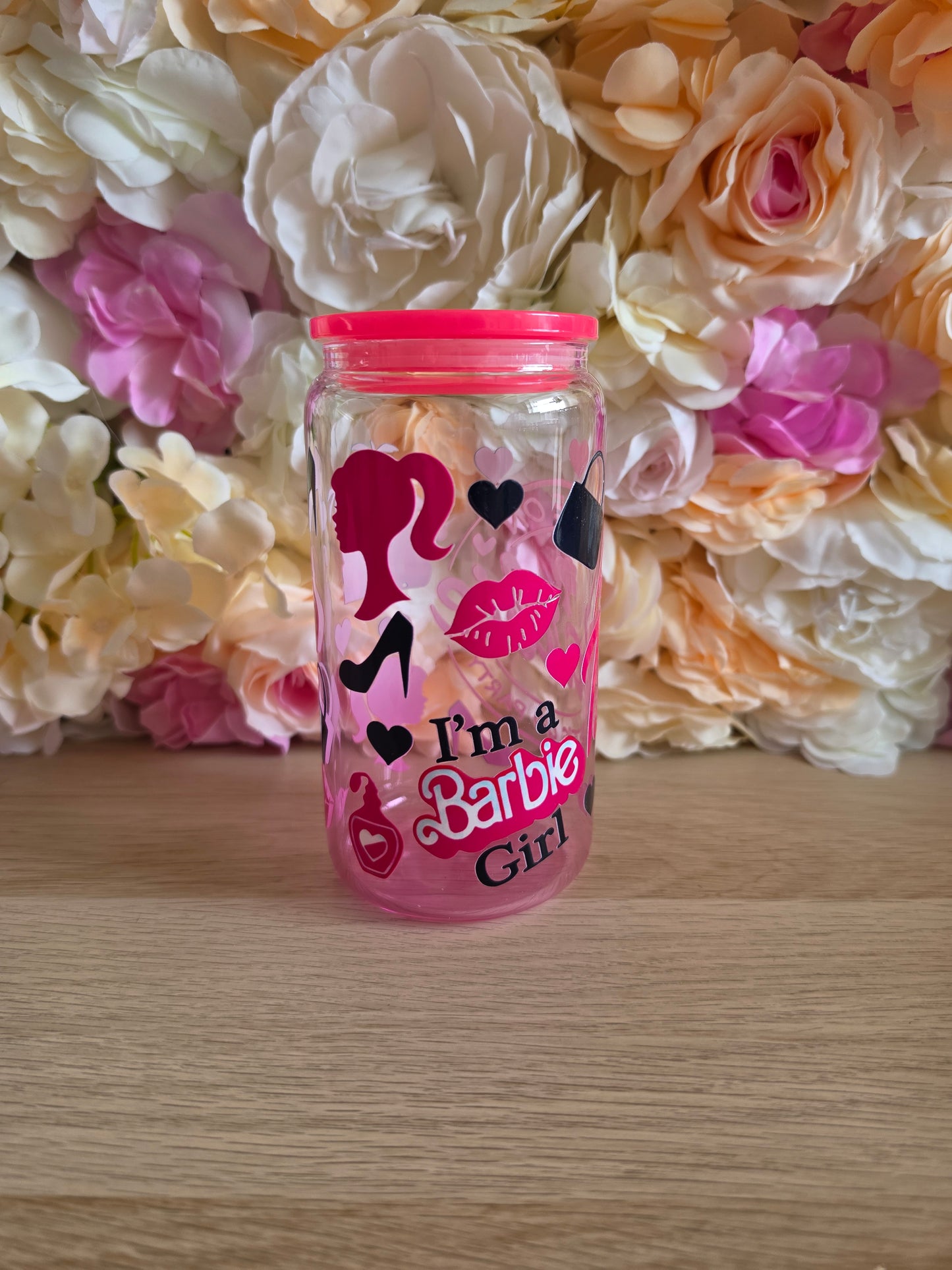 Barbie  pink  gradient GLASS cup  with PLASTIC lid & straw