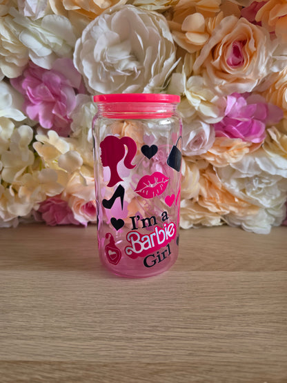 Barbie  pink  gradient GLASS cup  with PLASTIC lid & straw