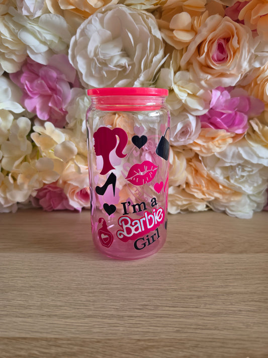 Barbie  pink  gradient GLASS cup  with PLASTIC lid & straw