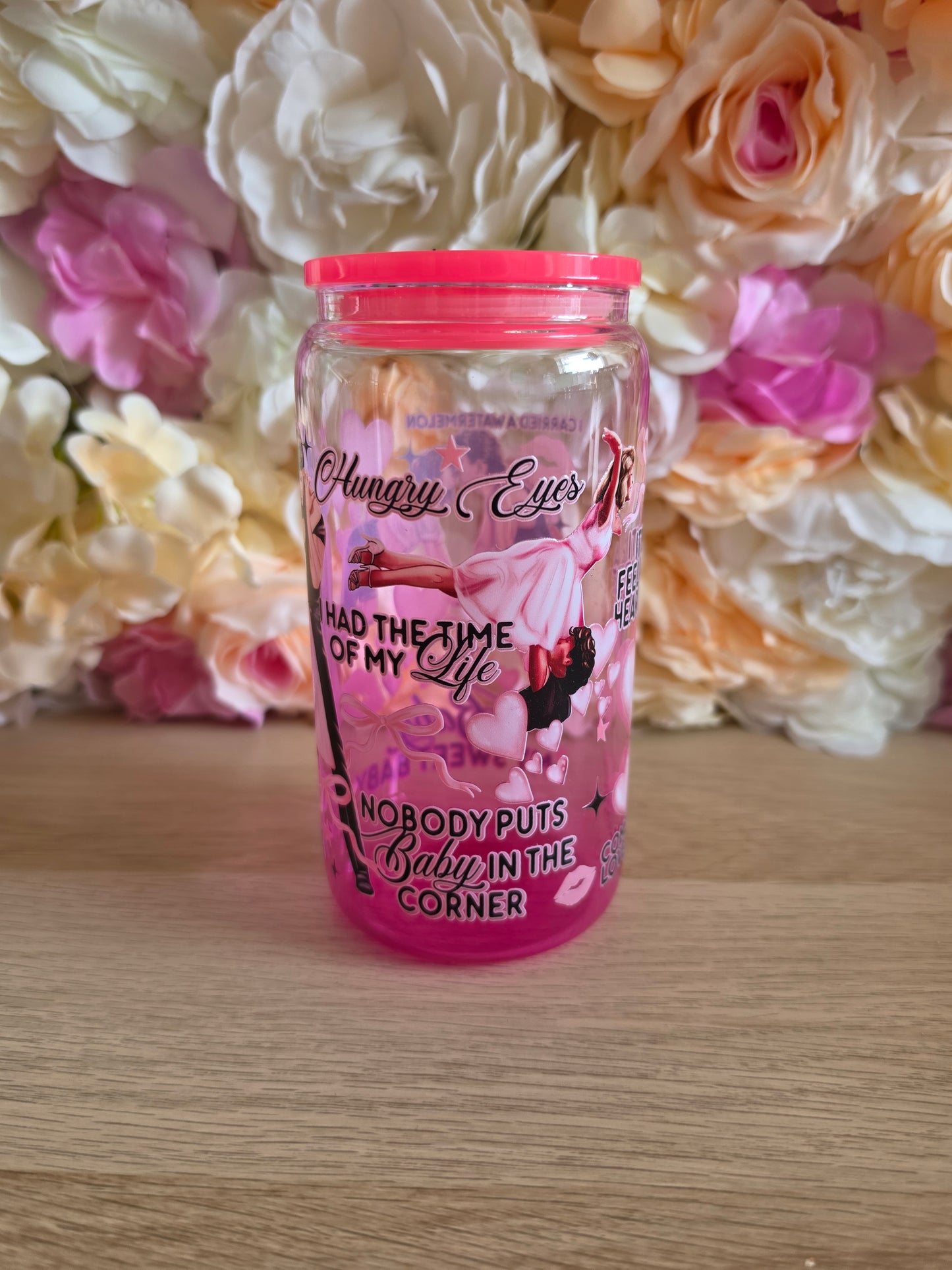 D dancing pink  gradient GLASS cup  with PLASTIC lid & straw