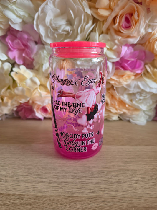 D dancing pink  gradient GLASS cup  with PLASTIC lid & straw